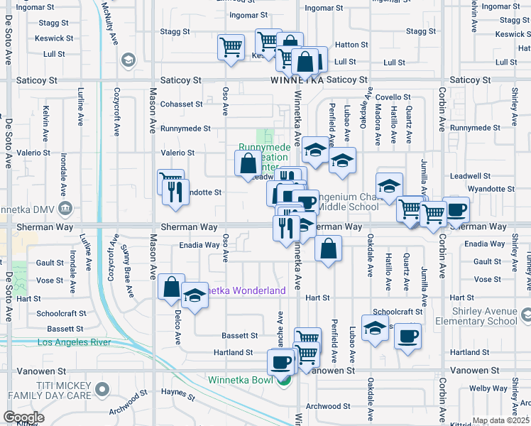 map of restaurants, bars, coffee shops, grocery stores, and more near 20211 Sherman Way in Los Angeles