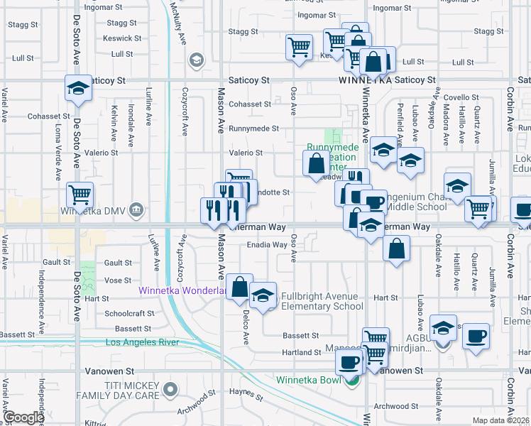 map of restaurants, bars, coffee shops, grocery stores, and more near 20325 Sherman Way in Los Angeles