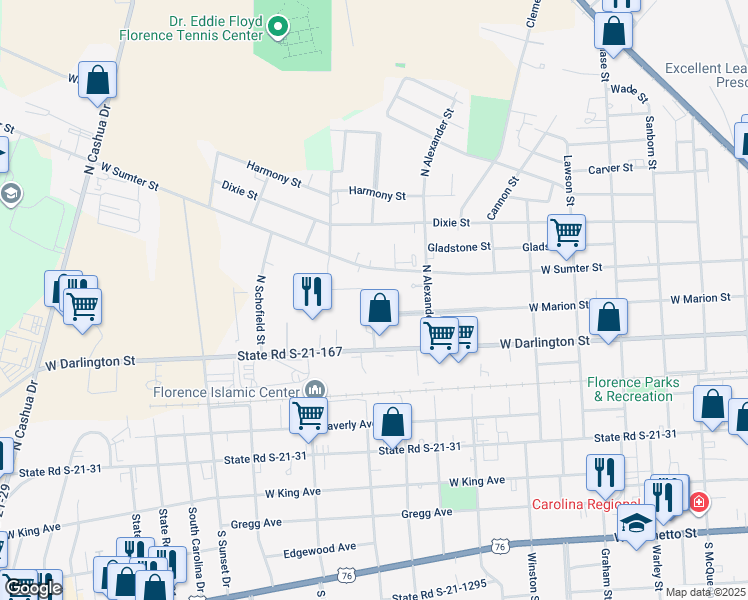 map of restaurants, bars, coffee shops, grocery stores, and more near 1025 West Marion Street in Florence