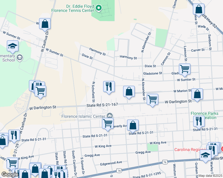 map of restaurants, bars, coffee shops, grocery stores, and more near 1405 West Darlington Street in Florence