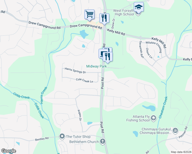 map of restaurants, bars, coffee shops, grocery stores, and more near 5220 Cole Creek Lane in Cumming