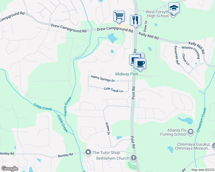 map of restaurants, bars, coffee shops, grocery stores, and more near 5330 Cole Creek Lane in Cumming