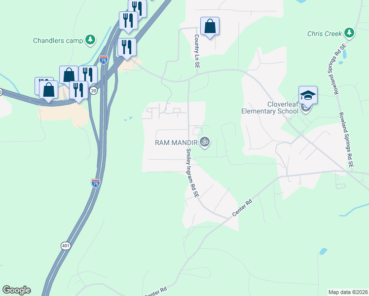 map of restaurants, bars, coffee shops, grocery stores, and more near 90 Smiley Ingram Road Southeast in Cartersville