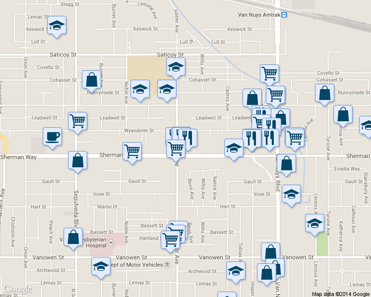 map of restaurants, bars, coffee shops, grocery stores, and more near 14839 Sherman Way in Los Angeles