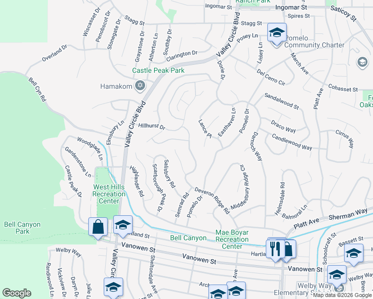 map of restaurants, bars, coffee shops, grocery stores, and more near 7201 Rock Ridge Terrace in Los Angeles