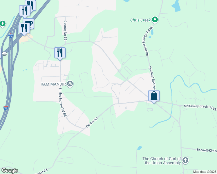 map of restaurants, bars, coffee shops, grocery stores, and more near 11 West Ridge Drive Southeast in Cartersville