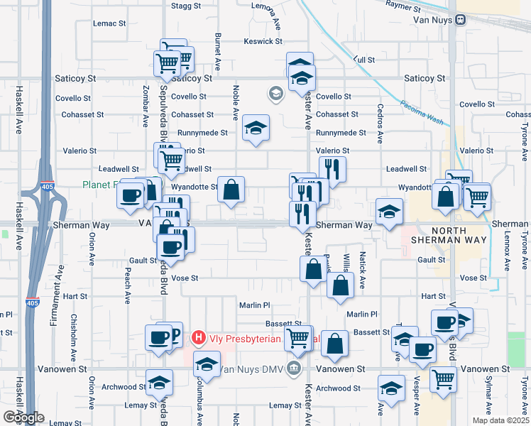 map of restaurants, bars, coffee shops, grocery stores, and more near 15015 Sherman Way in Los Angeles