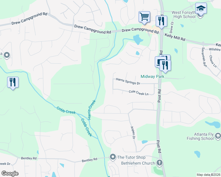 map of restaurants, bars, coffee shops, grocery stores, and more near 5505 Copper Creek Pass in Cumming