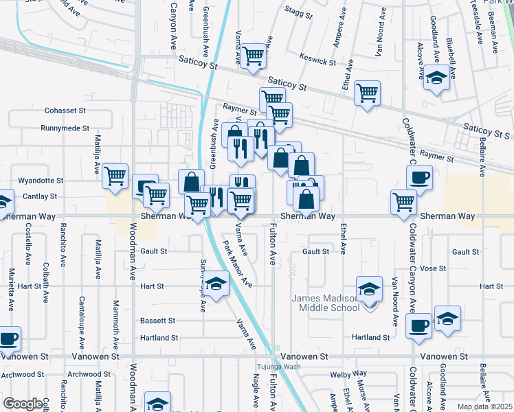 map of restaurants, bars, coffee shops, grocery stores, and more near 13329 Sherman Way in Los Angeles