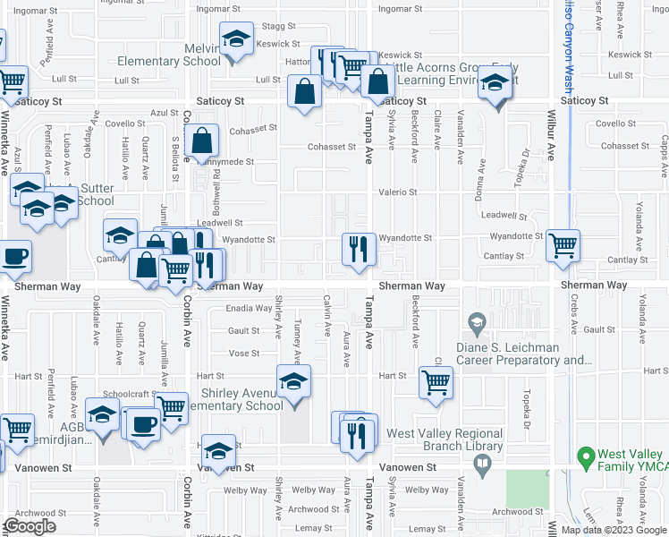 map of restaurants, bars, coffee shops, grocery stores, and more near 19355 Sherman Way in Los Angeles