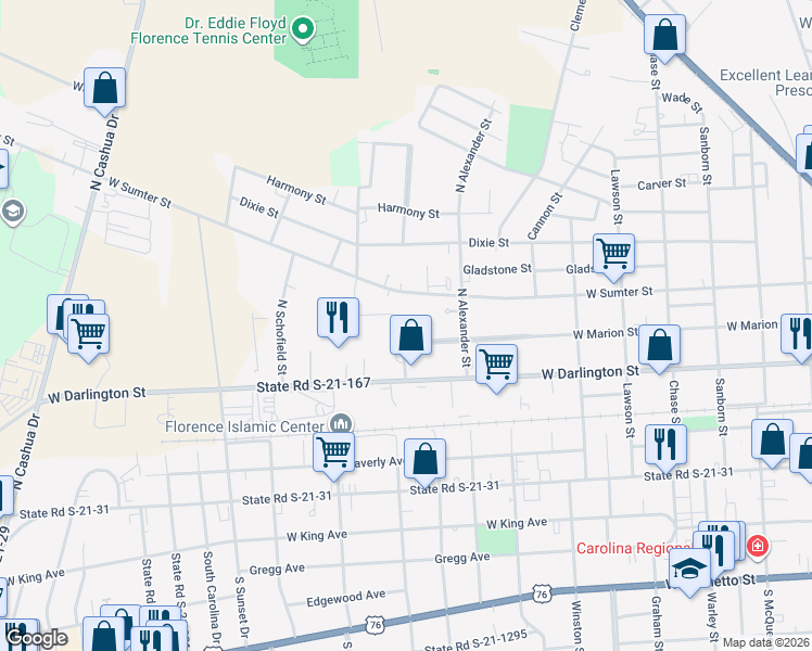 map of restaurants, bars, coffee shops, grocery stores, and more near 1025 West Marion Street in Florence