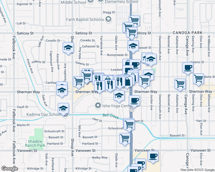 map of restaurants, bars, coffee shops, grocery stores, and more near 22138 Cantlay Street in Los Angeles
