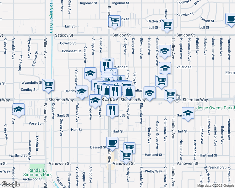 map of restaurants, bars, coffee shops, grocery stores, and more near 7219 Canby Avenue in Los Angeles