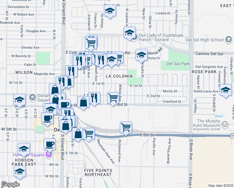 map of restaurants, bars, coffee shops, grocery stores, and more near 164 Harding Avenue in Oxnard