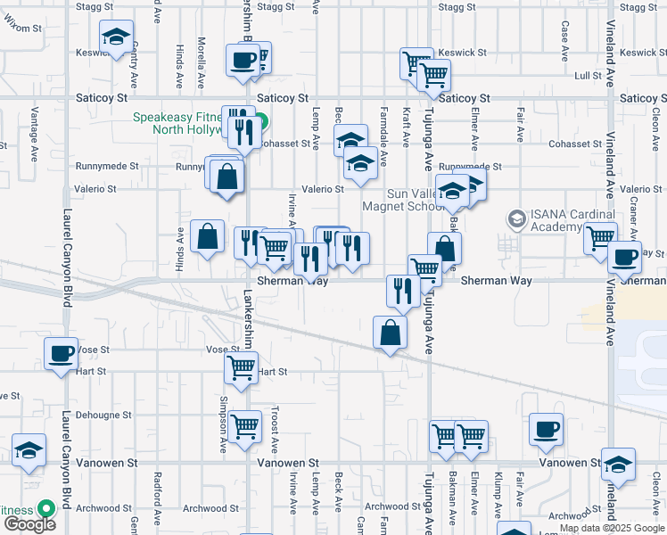map of restaurants, bars, coffee shops, grocery stores, and more near 6648 1/2 Beck Avenue in Los Angeles