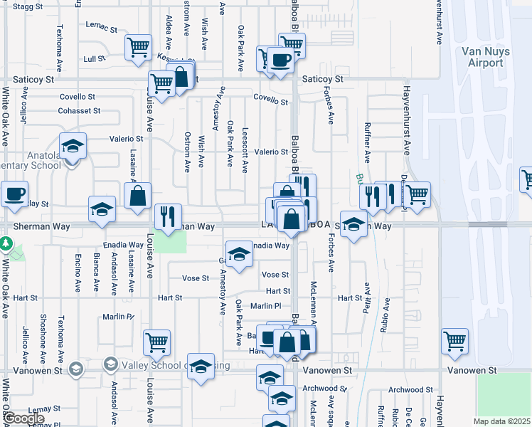 map of restaurants, bars, coffee shops, grocery stores, and more near 16955 Sherman Way in Los Angeles
