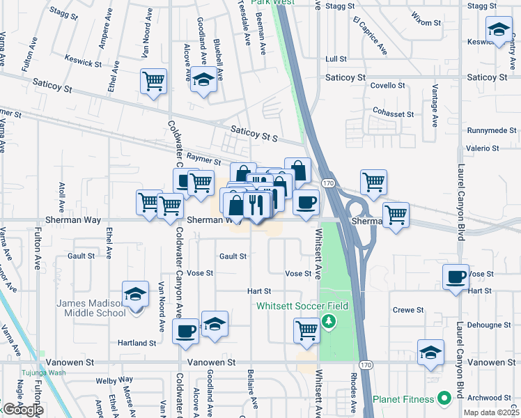map of restaurants, bars, coffee shops, grocery stores, and more near 12643 Sherman Way in Los Angeles