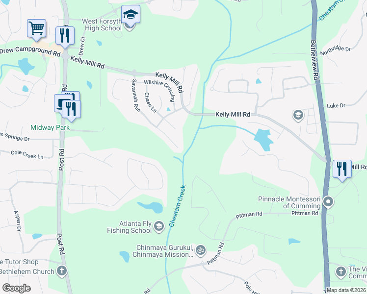map of restaurants, bars, coffee shops, grocery stores, and more near 4890 Savannah Run in Cumming