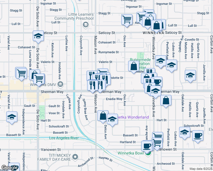 map of restaurants, bars, coffee shops, grocery stores, and more near 20417 Sherman Way in Los Angeles