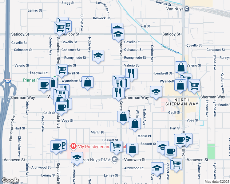 map of restaurants, bars, coffee shops, grocery stores, and more near 14915 Sherman Way in Los Angeles