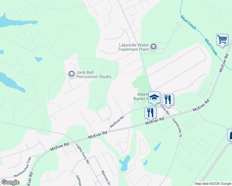 map of restaurants, bars, coffee shops, grocery stores, and more near 5638 Pinewood Drive in Flowery Branch