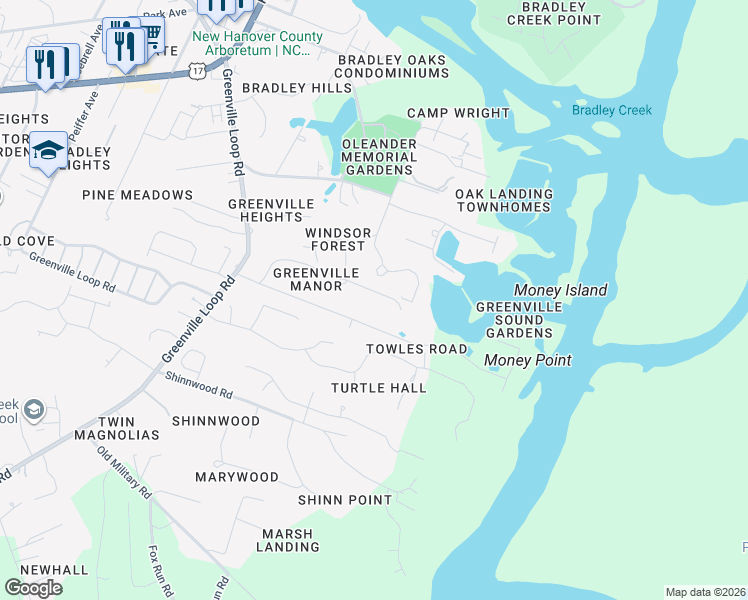 map of restaurants, bars, coffee shops, grocery stores, and more near 6258 Ingleside Dr in Wilmington