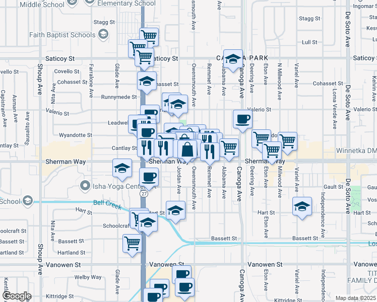 map of restaurants, bars, coffee shops, grocery stores, and more near 7227 Owensmouth Avenue in Los Angeles