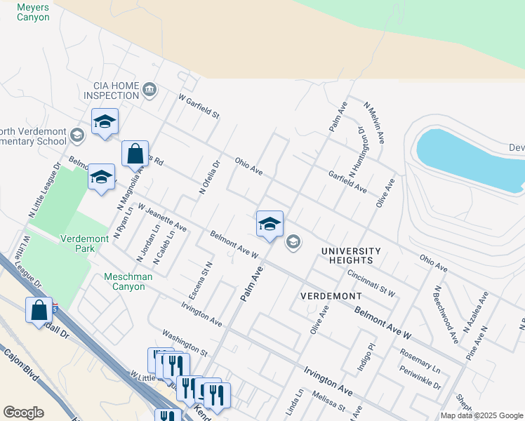 map of restaurants, bars, coffee shops, grocery stores, and more near 6659 Ridgeline Avenue in San Bernardino