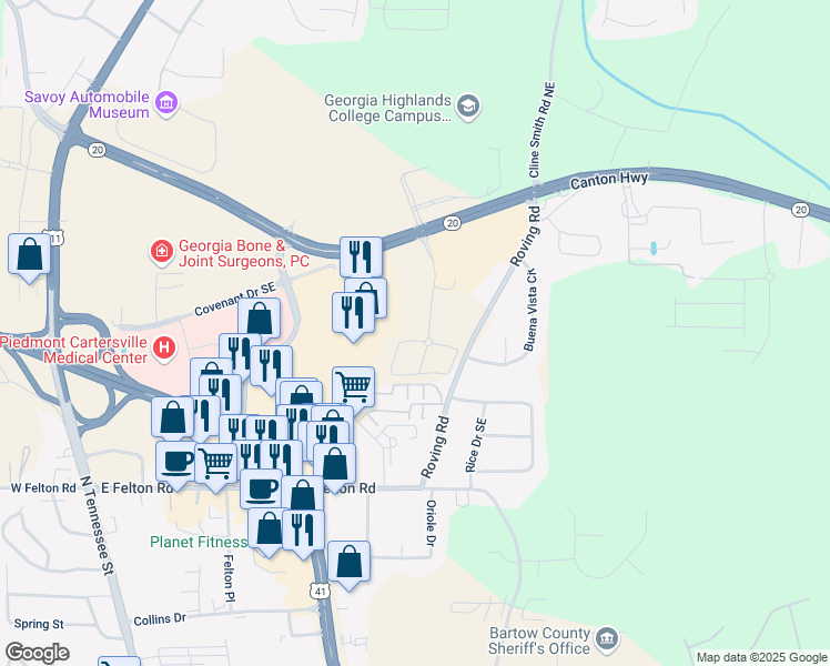 map of restaurants, bars, coffee shops, grocery stores, and more near 100 Conference Center Drive in Cartersville