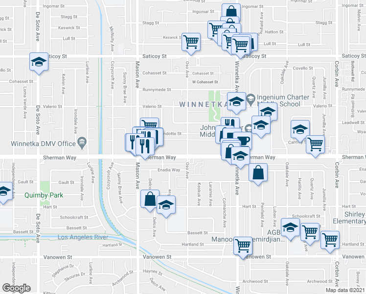 map of restaurants, bars, coffee shops, grocery stores, and more near 20311 Sherman Way in Winnetka