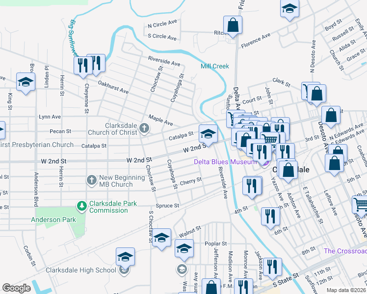 map of restaurants, bars, coffee shops, grocery stores, and more near 163 West 2nd Street in Clarksdale