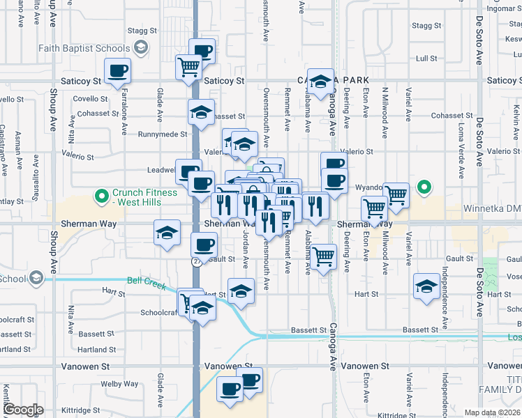 map of restaurants, bars, coffee shops, grocery stores, and more near 7221/2 Owensmouth Avenue in Los Angeles