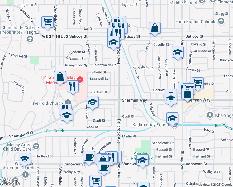 map of restaurants, bars, coffee shops, grocery stores, and more near 7221 Fallbrook Avenue in Los Angeles