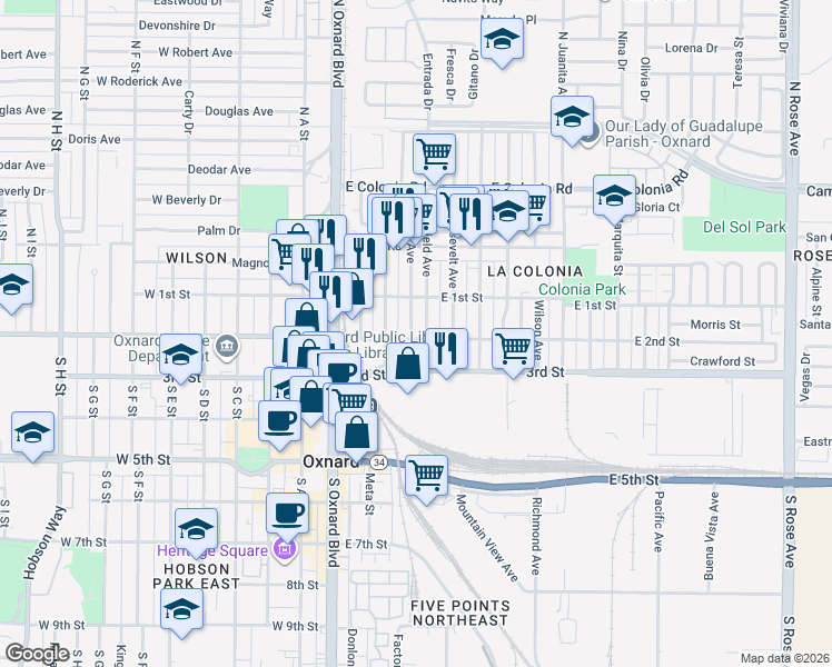 map of restaurants, bars, coffee shops, grocery stores, and more near 403 East 2nd Street in Oxnard