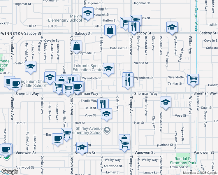 map of restaurants, bars, coffee shops, grocery stores, and more near 501 Sherman Way in Los Angeles