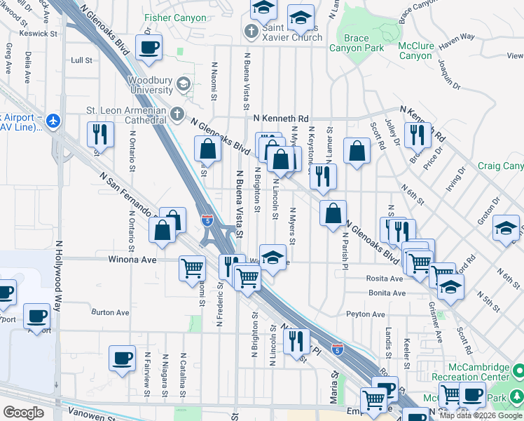 map of restaurants, bars, coffee shops, grocery stores, and more near 2544 North Brighton Street in Burbank