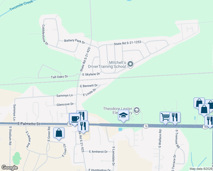 map of restaurants, bars, coffee shops, grocery stores, and more near 3328 East Linda Drive in Florence