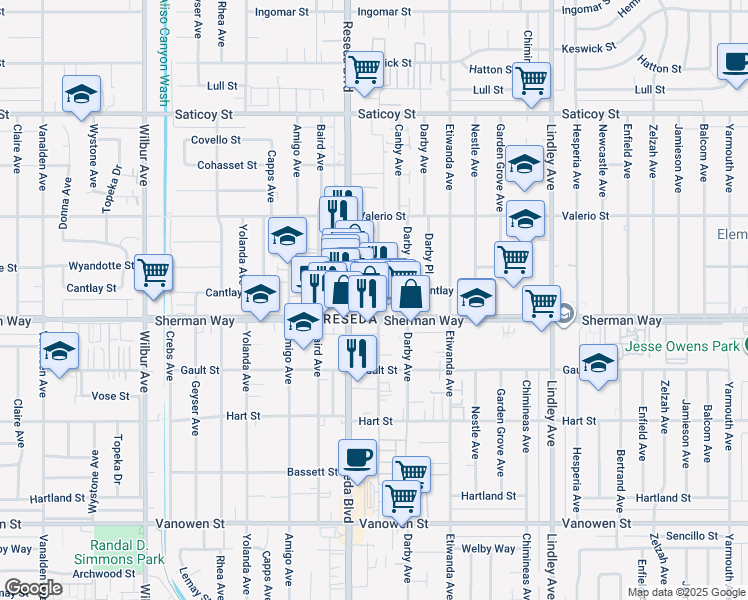 map of restaurants, bars, coffee shops, grocery stores, and more near 7219 Canby Avenue in Los Angeles