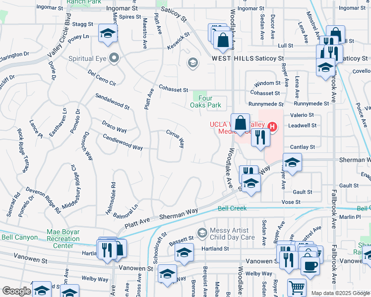 map of restaurants, bars, coffee shops, grocery stores, and more near 7254 Cirrus Way in Los Angeles