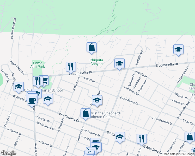 map of restaurants, bars, coffee shops, grocery stores, and more near 3359 Glenrose Avenue in Altadena