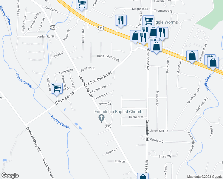 map of restaurants, bars, coffee shops, grocery stores, and more near 34 Penny Lane in Cartersville