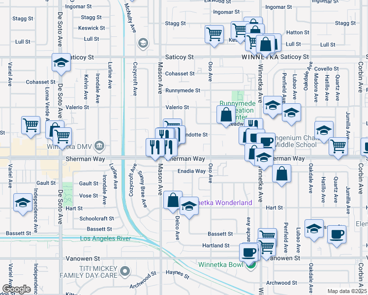 map of restaurants, bars, coffee shops, grocery stores, and more near 20417 Sherman Way in Los Angeles