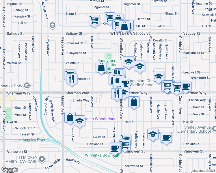 map of restaurants, bars, coffee shops, grocery stores, and more near 20211 Sherman Way in Los Angeles