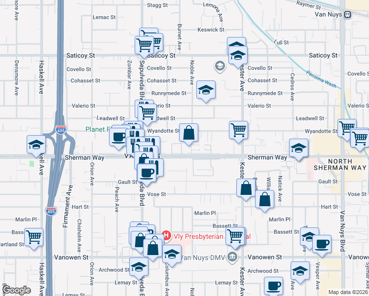 map of restaurants, bars, coffee shops, grocery stores, and more near 15123 Sherman Way in Los Angeles
