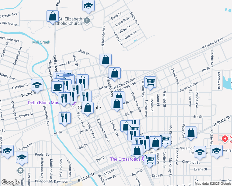 map of restaurants, bars, coffee shops, grocery stores, and more near 614 South Edwards Avenue in Clarksdale