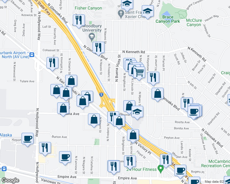 map of restaurants, bars, coffee shops, grocery stores, and more near 2543 North Buena Vista Street in Burbank