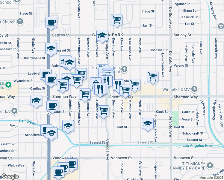 map of restaurants, bars, coffee shops, grocery stores, and more near 7212 Canoga Avenue in Los Angeles