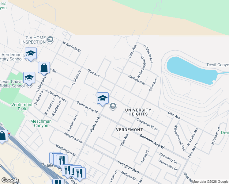map of restaurants, bars, coffee shops, grocery stores, and more near 6627 North Windsong Court in San Bernardino