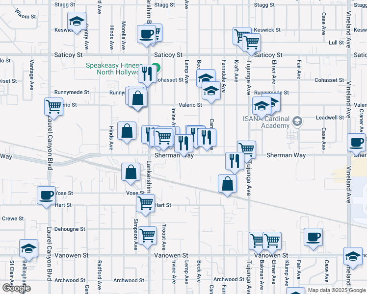 map of restaurants, bars, coffee shops, grocery stores, and more near 11559 Sherman Way in Los Angeles