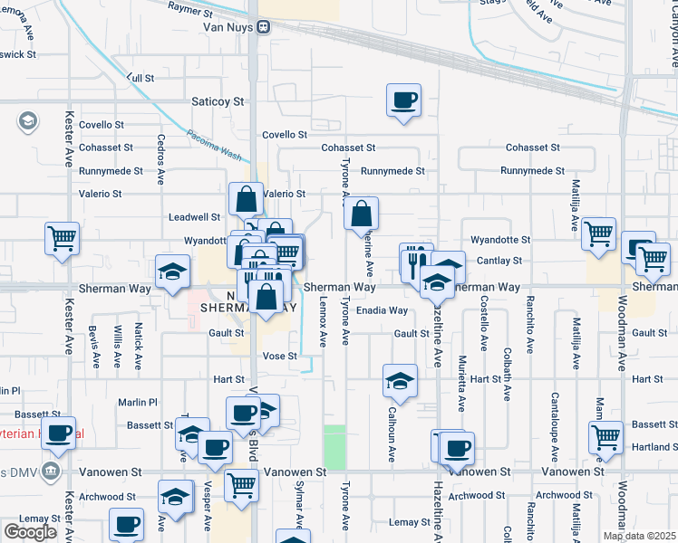 map of restaurants, bars, coffee shops, grocery stores, and more near 14305 Sherman Way in Los Angeles